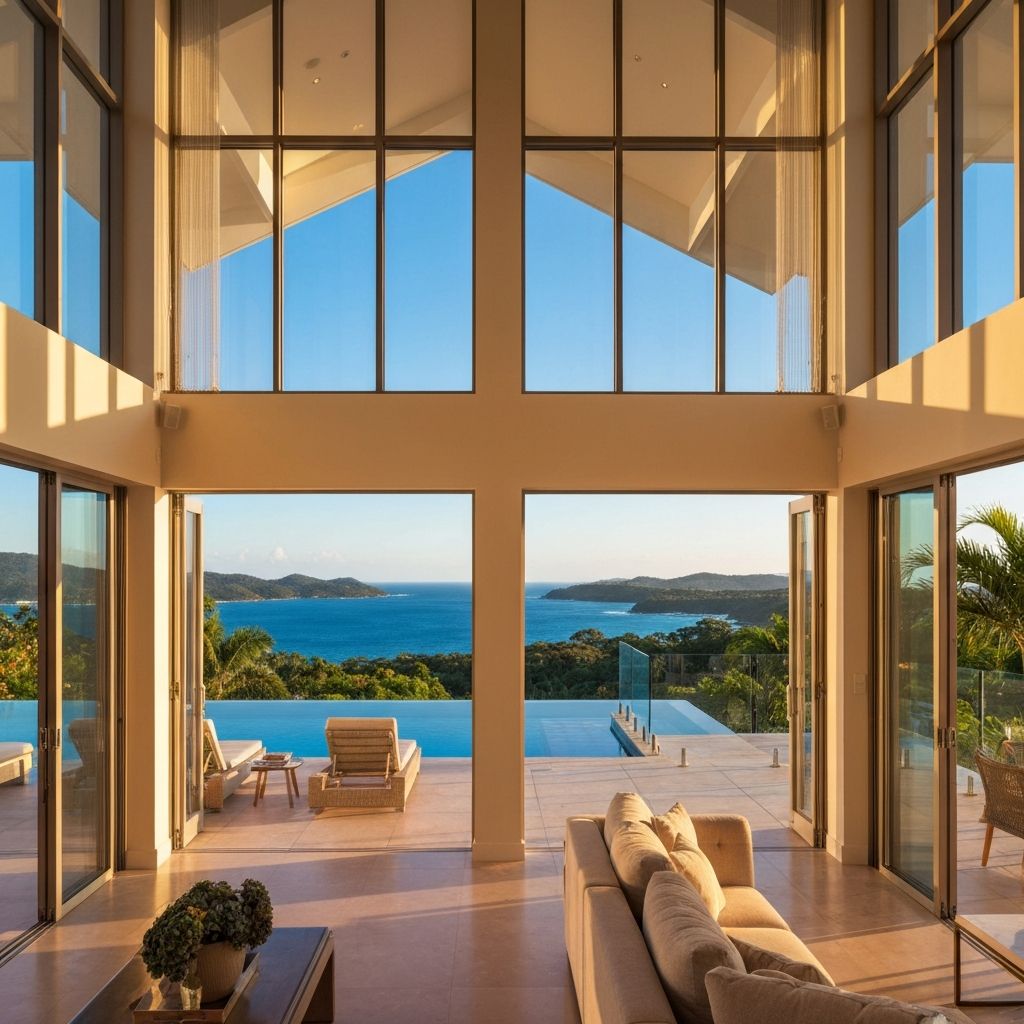 Luxury holiday villa with floor-to-ceiling ocean view windows and infinity pool, Queensland coast