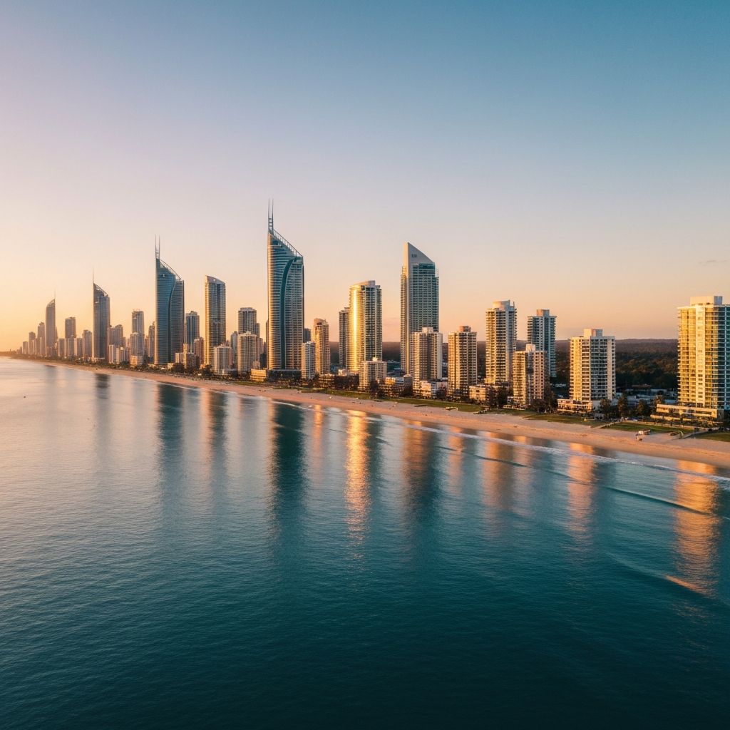 Gold Coast Queensland skyline at sunrise with beach and ocean