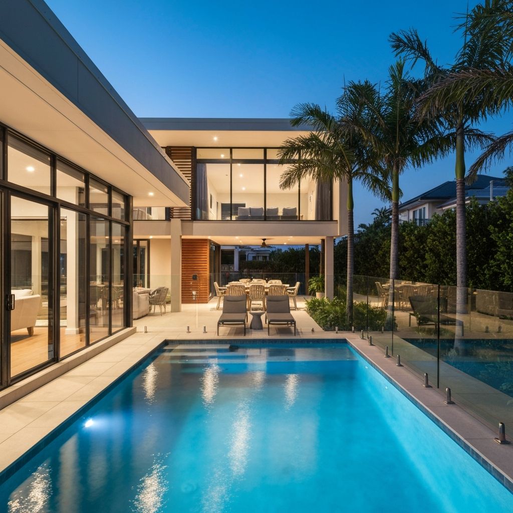 Luxury holiday home exterior at twilight with private pool and tropical garden, Gold Coast Queensland