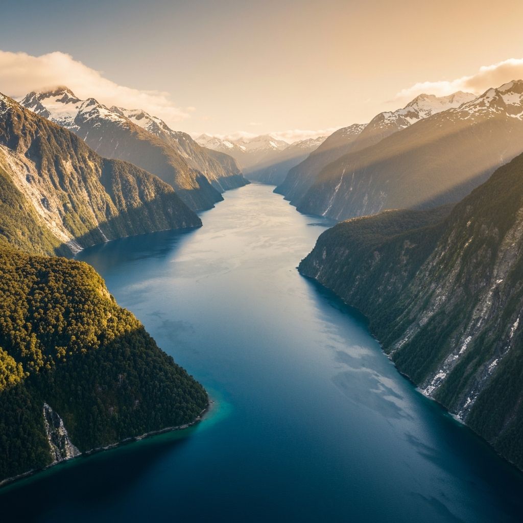 Breathtaking New Zealand fiordland landscape with dramatic fjords and snow-capped mountains